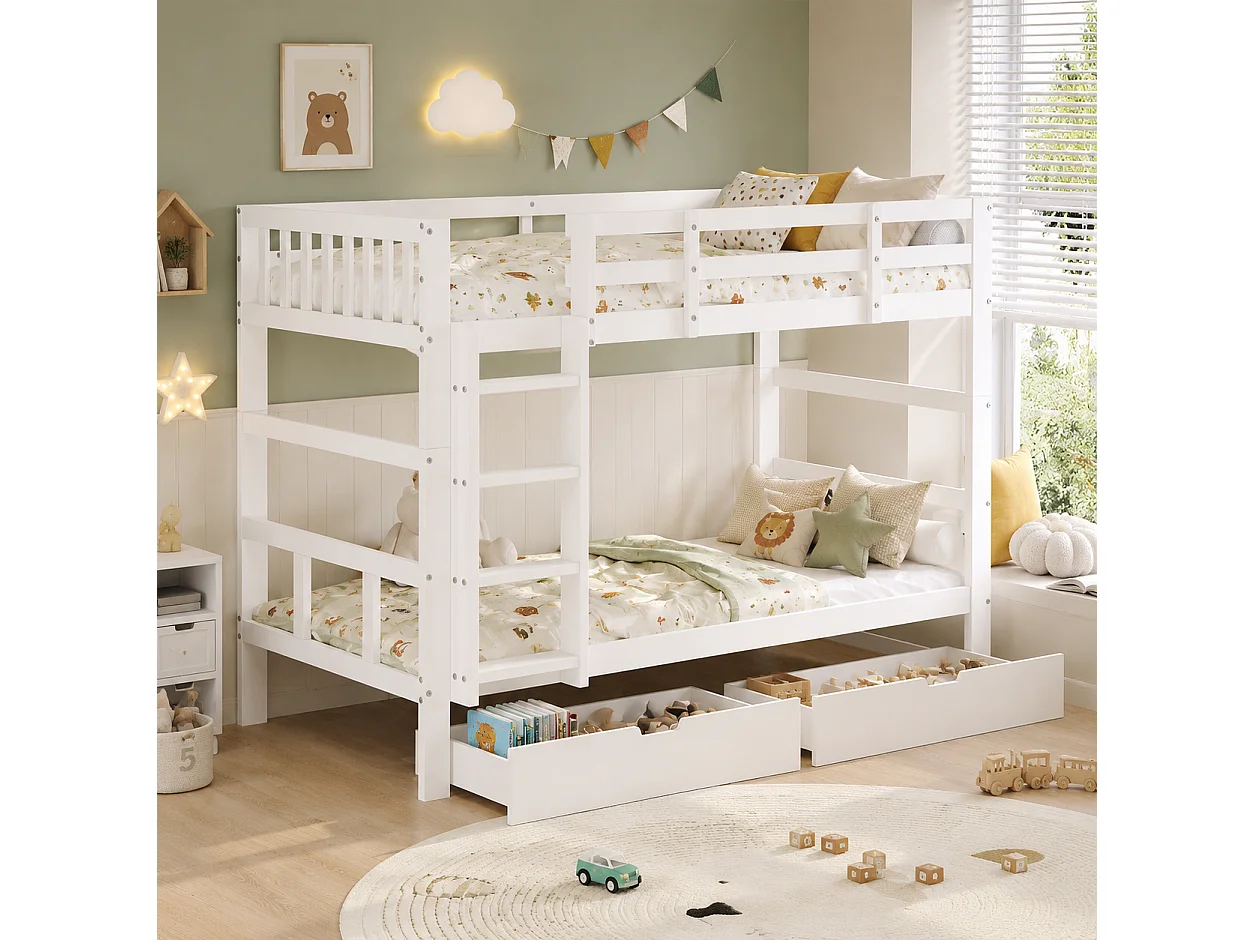 Lit superposé Enfant 90x200 cm, lit Double Amovible avec escalier et tiroirs de Rangement, lit Mezzanine avec sommier à Lattes, Bois Massif, Blanc
