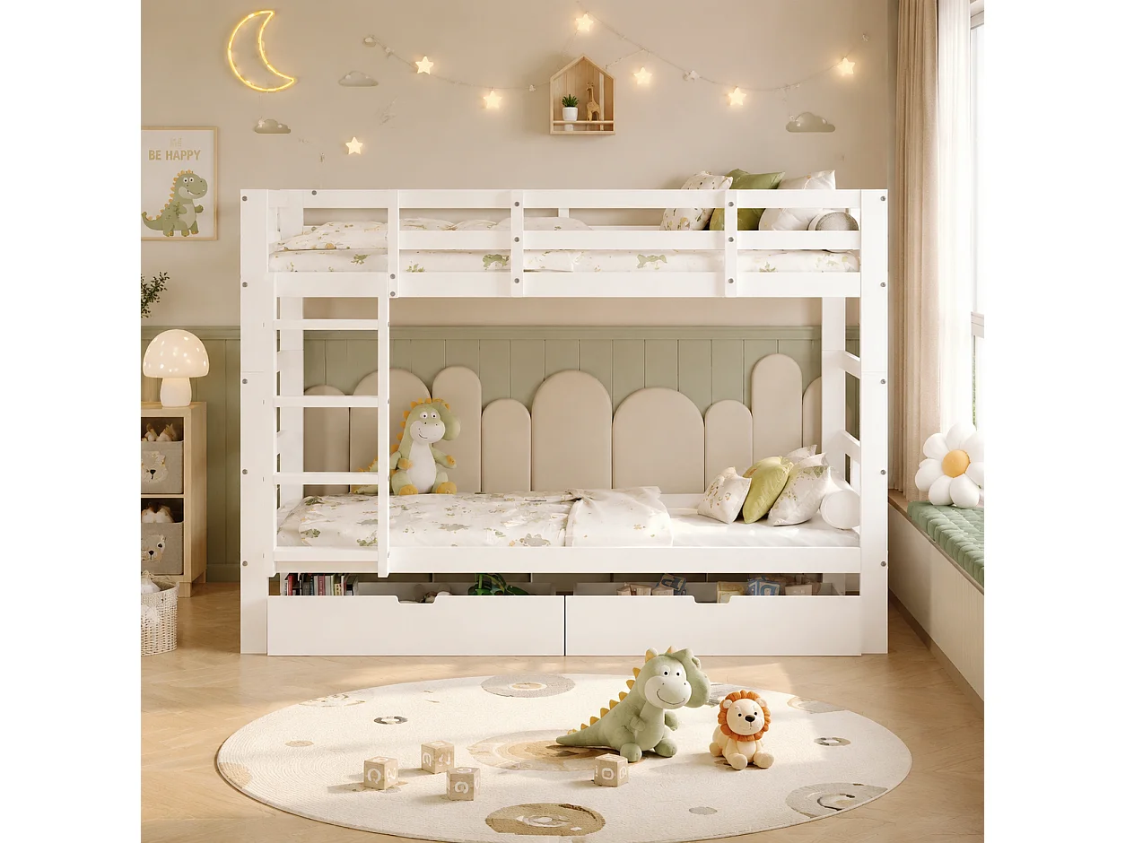 Lit superposé Enfant 90x200 cm, lit Double Amovible avec escalier et tiroirs de Rangement, lit Mezzanine avec sommier à Lattes, Bois Massif, Blanc