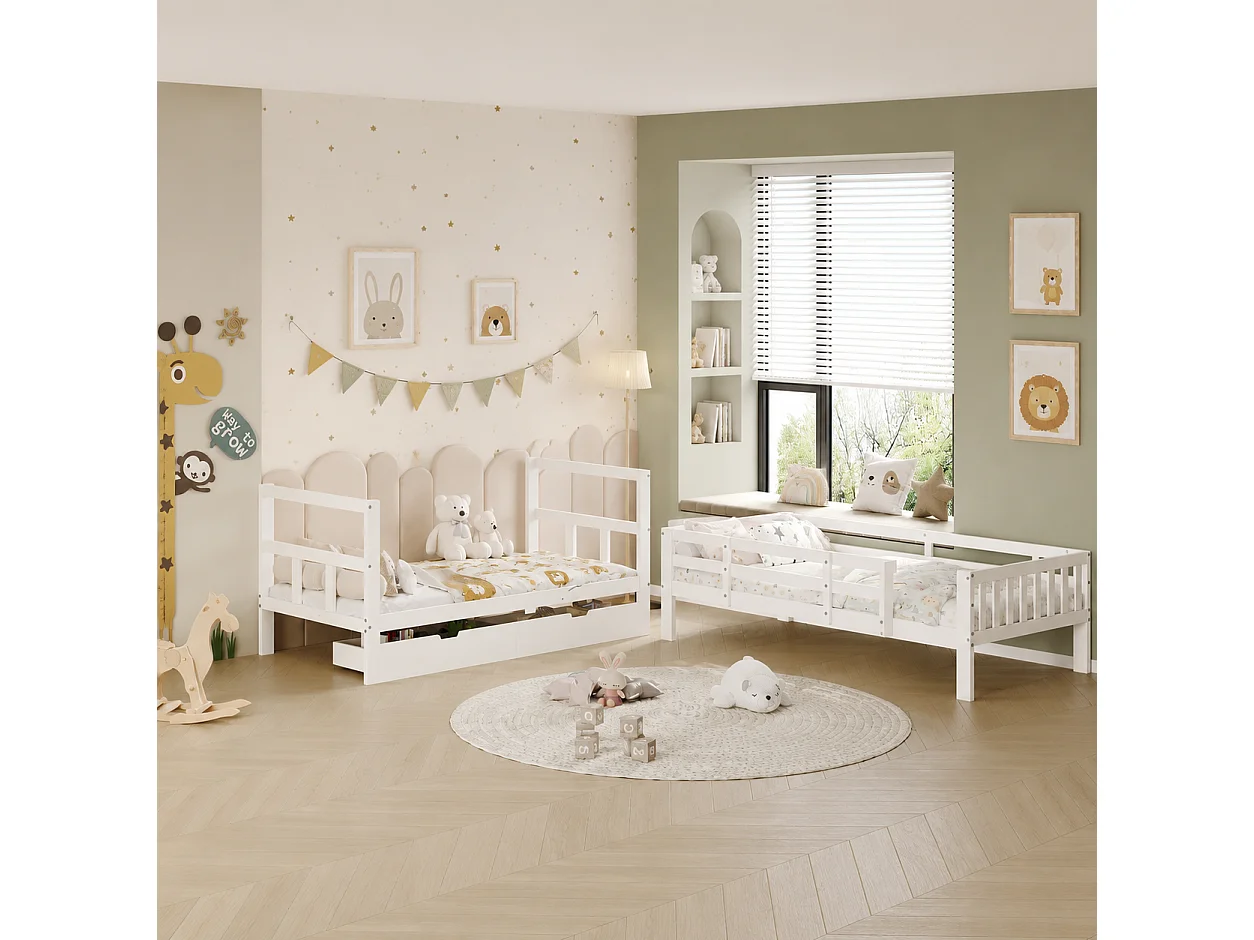 Lit superposé Enfant 90x200 cm, lit Double Amovible avec escalier et tiroirs de Rangement, lit Mezzanine avec sommier à Lattes, Bois Massif, Blanc