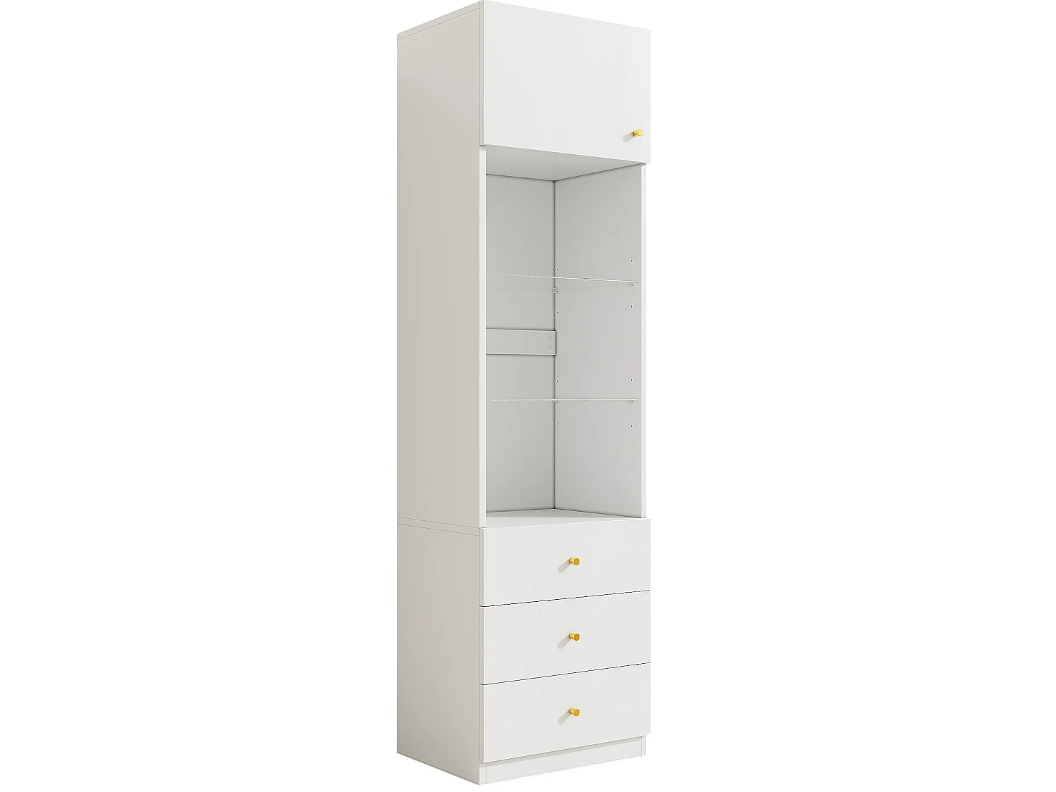 Vit bokhylla med justerbara glashyllor, 2 dörrar och 6 lådor