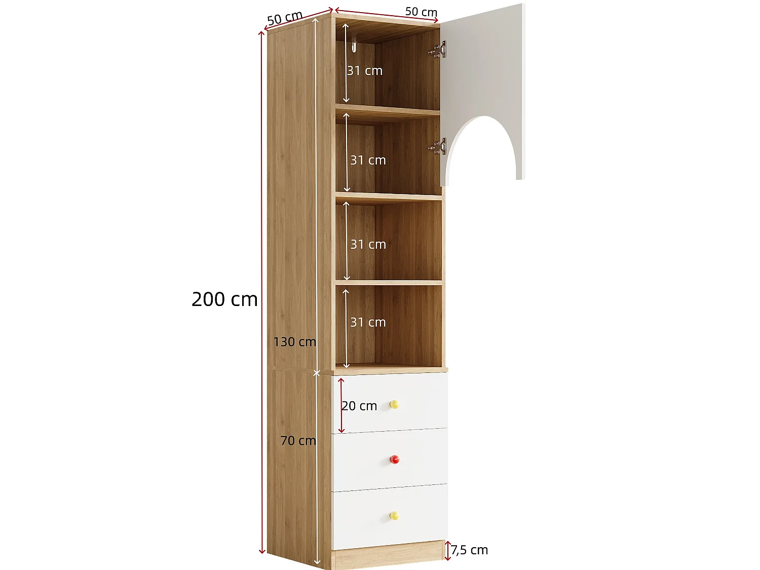 Set med 2 bokhyllor i vitt och trä, 100x50x200 cm, med 6 lådor och 2 välvda dörrar