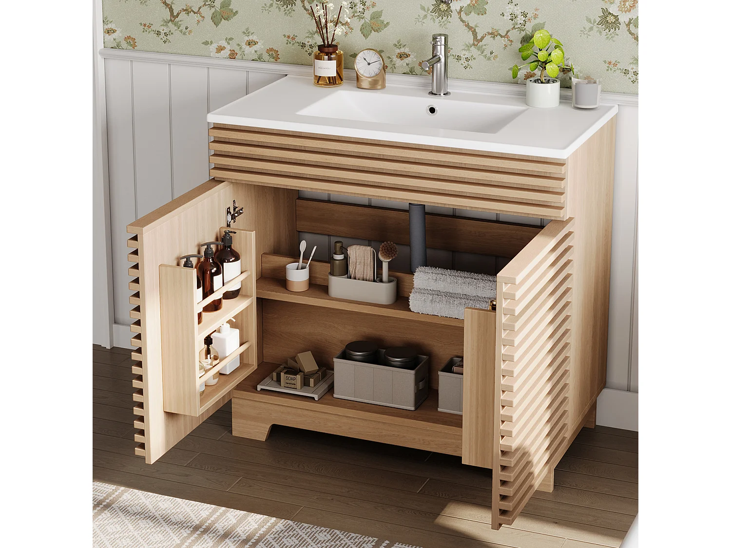 Meuble vasque salle de bain naturel avec 2 portes, vasque en céramique