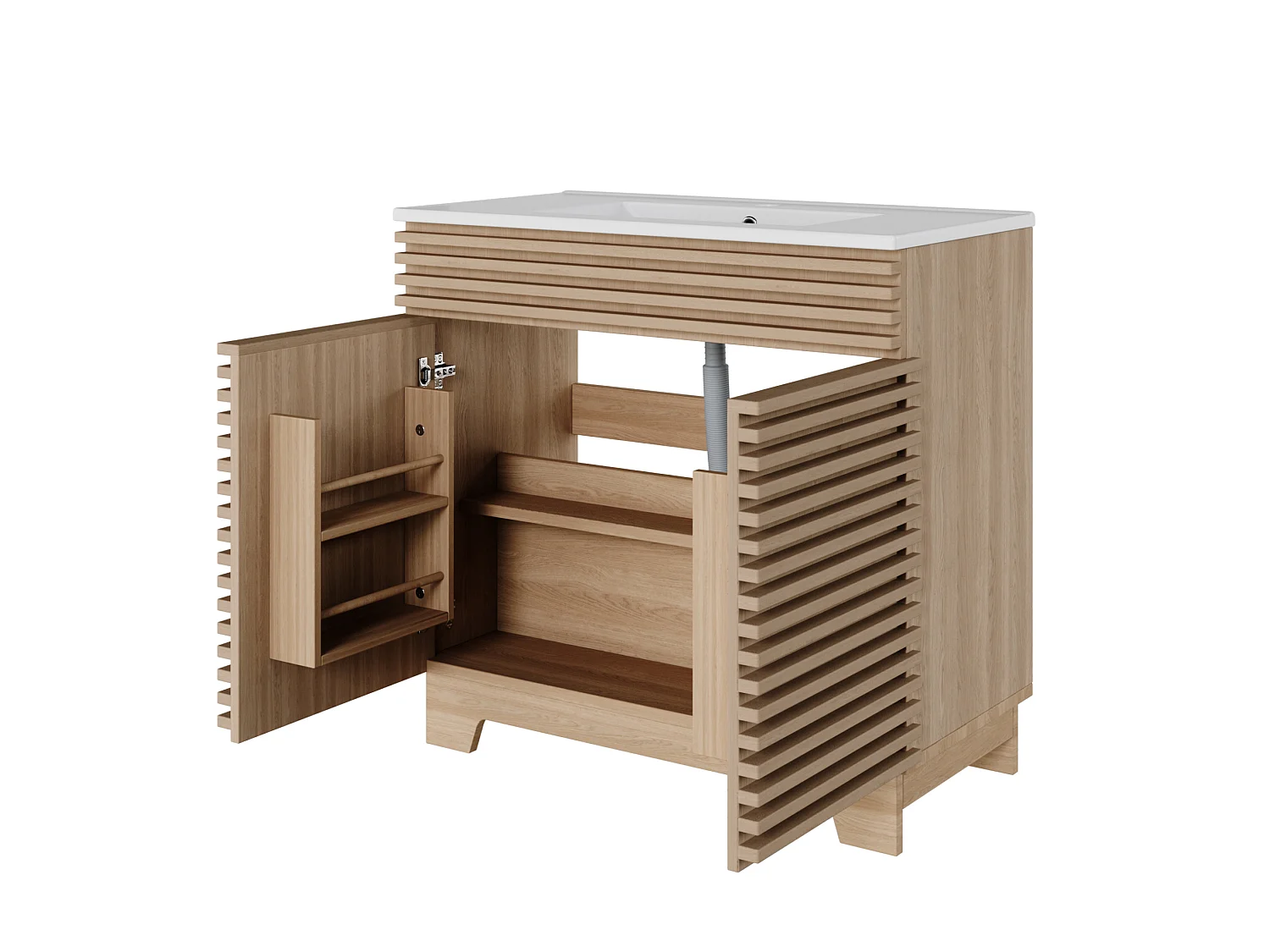 Meuble vasque salle de bain naturel avec 2 portes, vasque en céramique