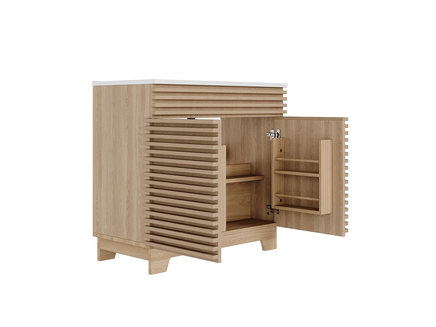 Meuble vasque salle de bain naturel avec 2 portes, vasque en céramique