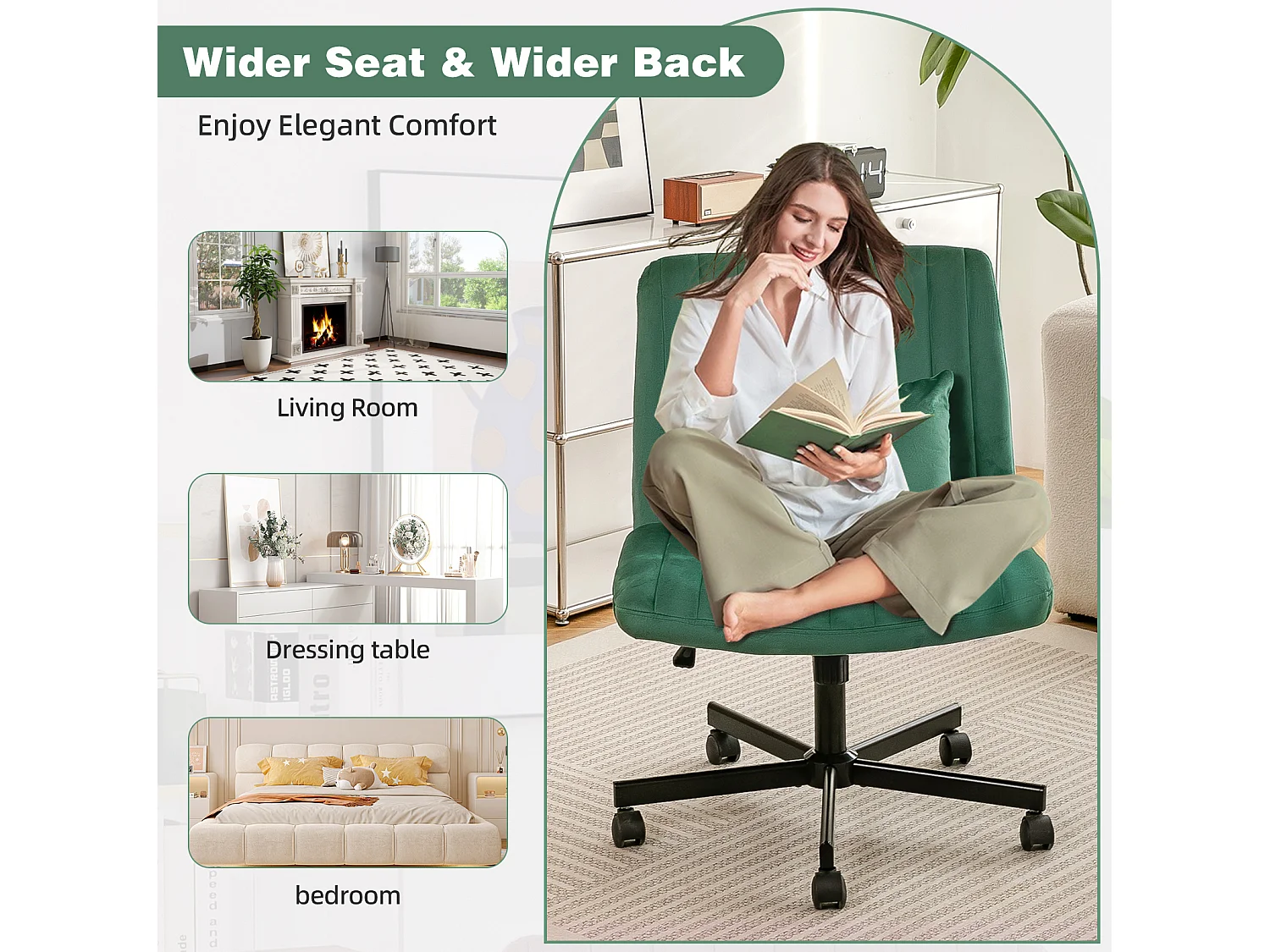 Fauteuil de bureau pivotante réglable avec roulettes silencieuses - Tissu vert