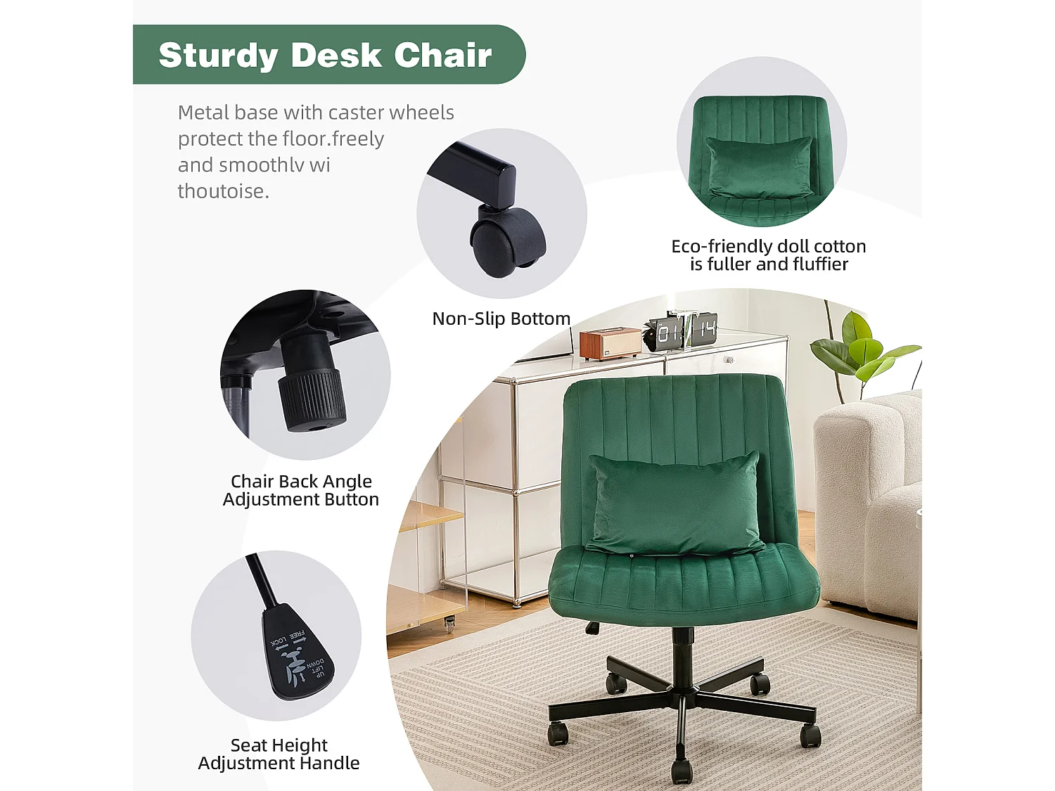 Fauteuil de bureau pivotante réglable avec roulettes silencieuses - Tissu vert