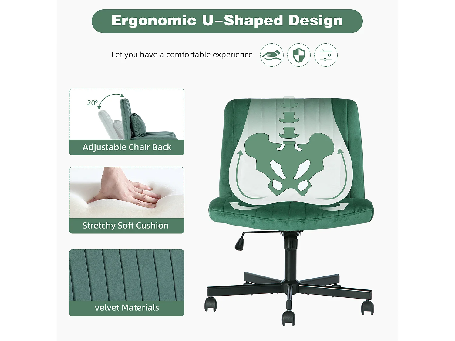 Fauteuil de bureau pivotante réglable avec roulettes silencieuses - Tissu vert