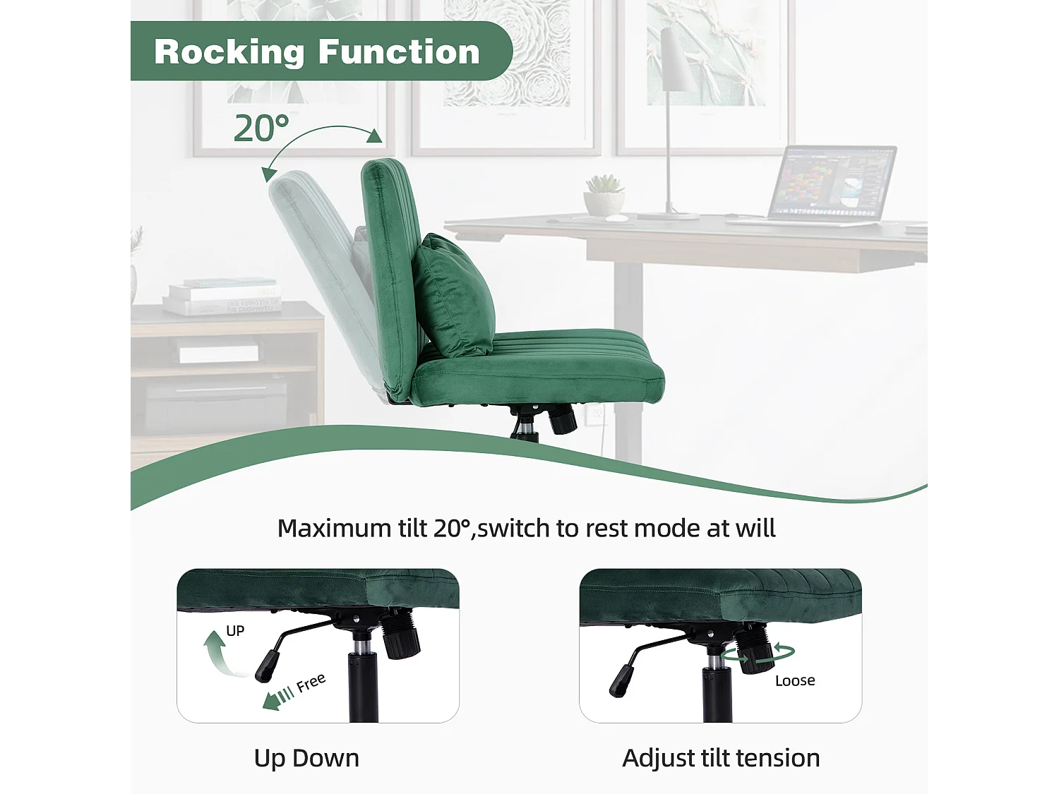 Fauteuil de bureau pivotante réglable avec roulettes silencieuses - Tissu vert