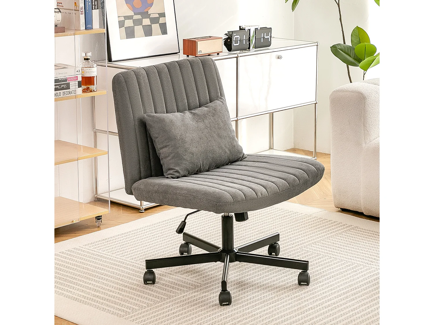 Fauteuil de bureau pivotante réglable avec roulettes silencieuses - Tissu gris foncé
