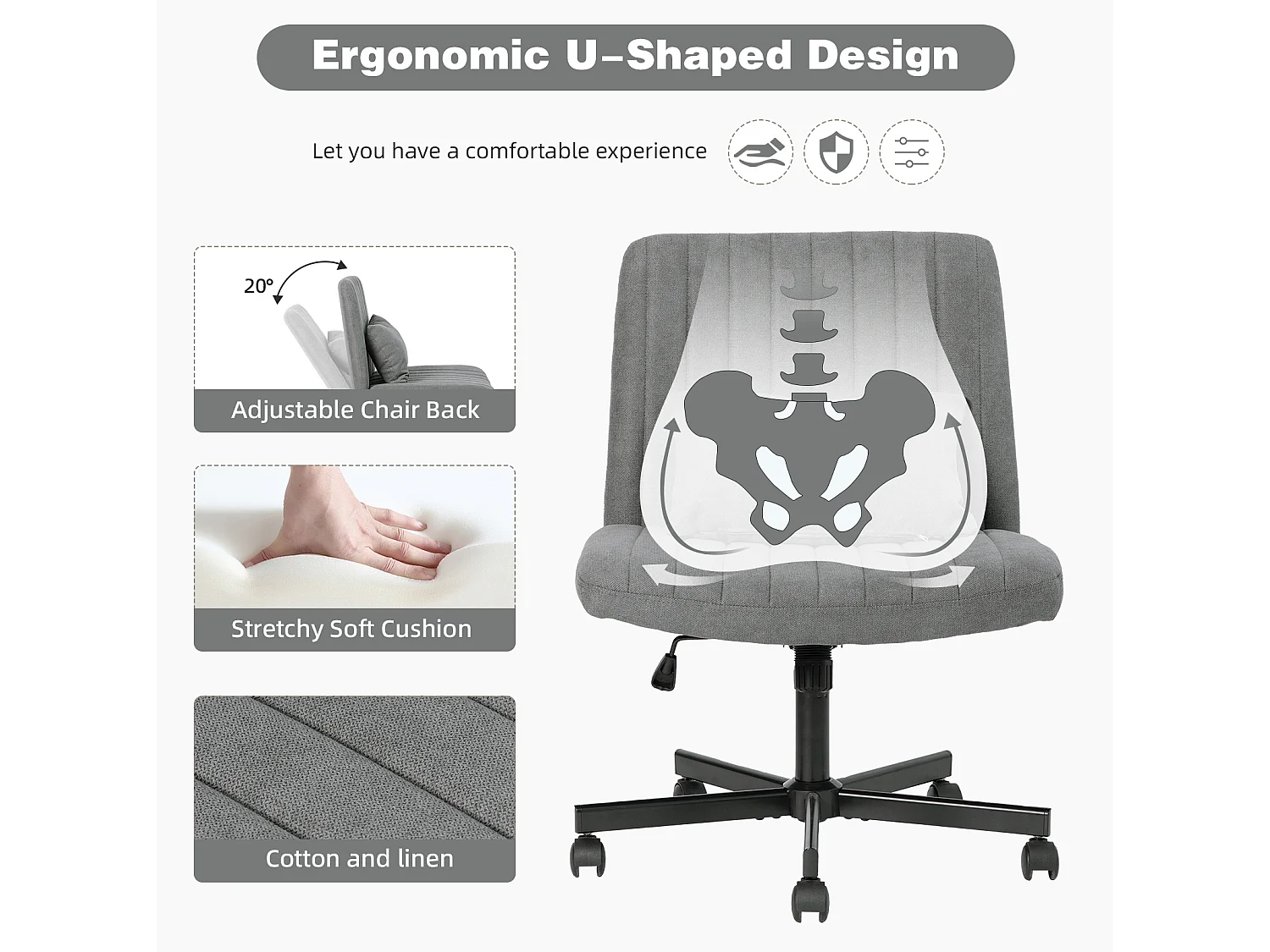 Fauteuil de bureau pivotante réglable avec roulettes silencieuses - Tissu gris foncé