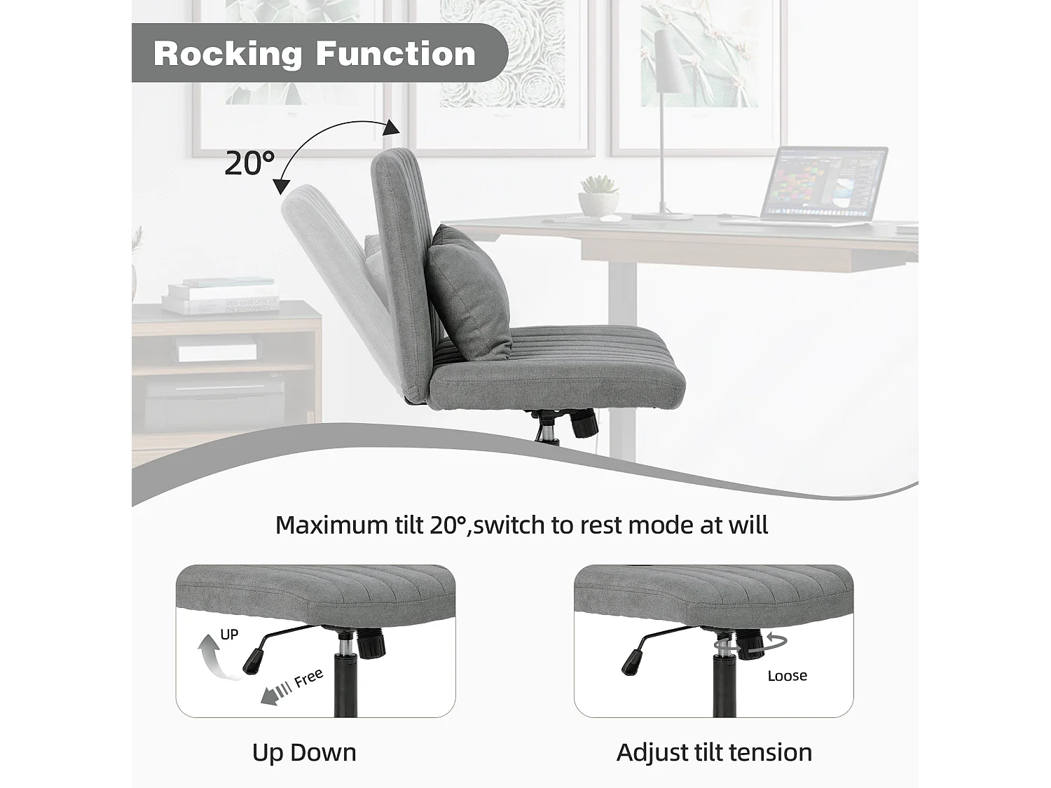 Fauteuil de bureau pivotante réglable avec roulettes silencieuses - Tissu gris foncé