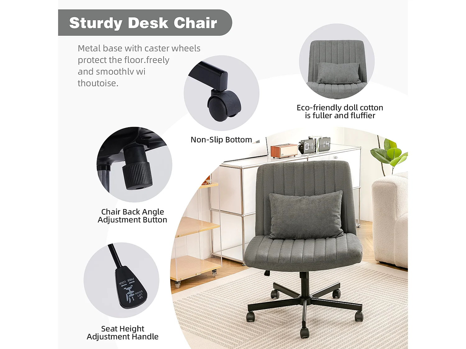 Fauteuil de bureau pivotante réglable avec roulettes silencieuses - Tissu gris foncé