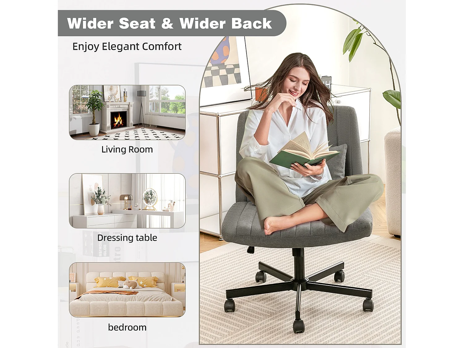 Fauteuil de bureau pivotante réglable avec roulettes silencieuses - Tissu gris foncé