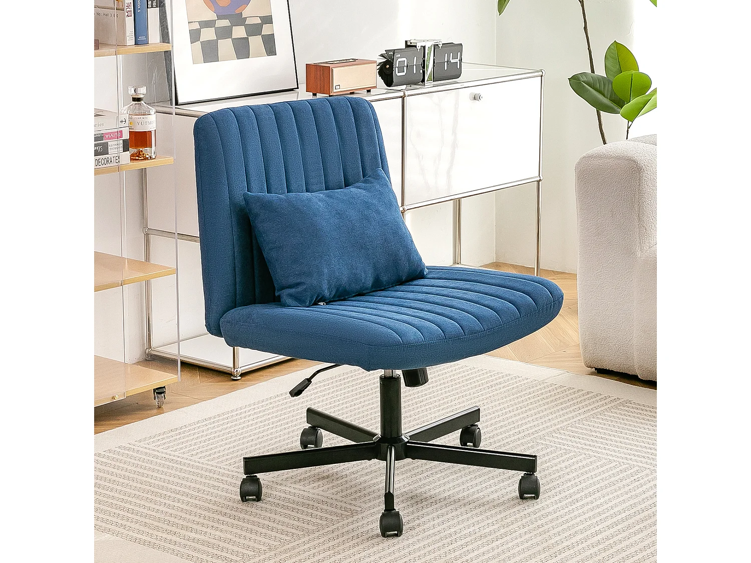 Fauteuil de bureau pivotante réglable avec roulettes silencieuses - Tissu bleu