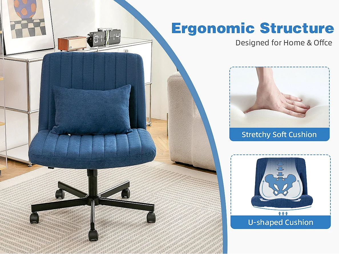 Fauteuil de bureau pivotante réglable avec roulettes silencieuses - Tissu bleu