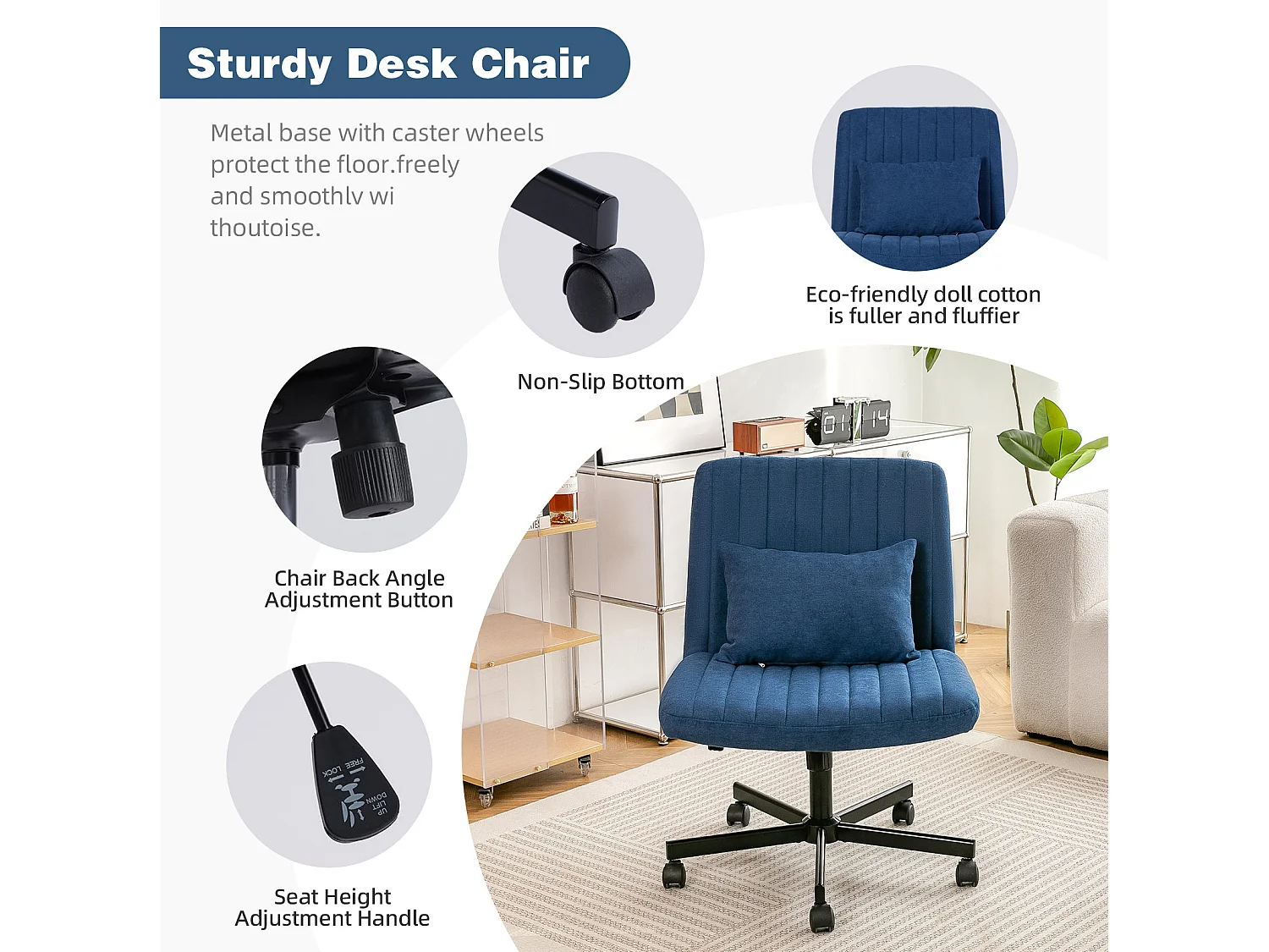 Fauteuil de bureau pivotante réglable avec roulettes silencieuses - Tissu bleu