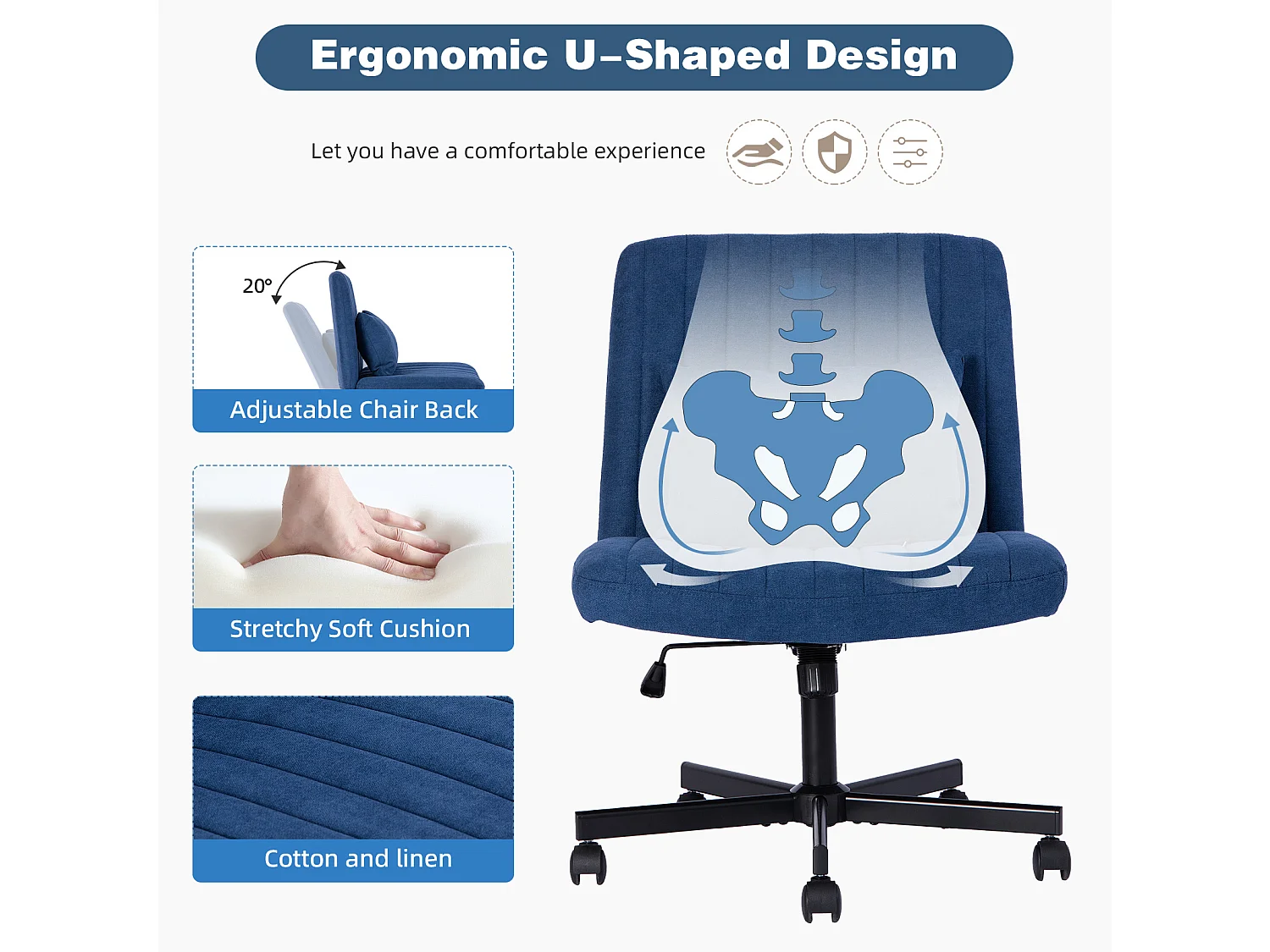 Fauteuil de bureau pivotante réglable avec roulettes silencieuses - Tissu bleu