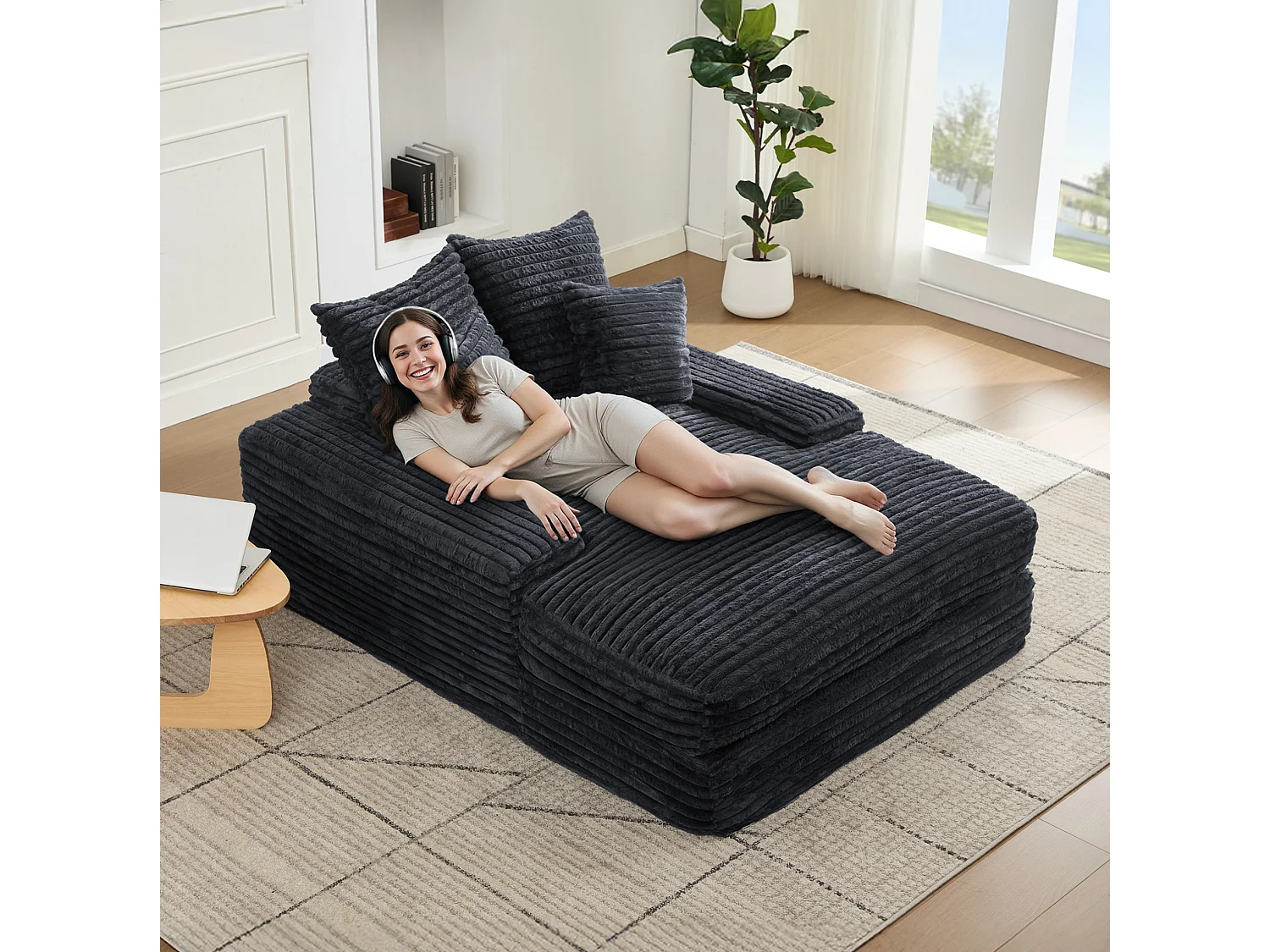 Chaise longue in velluto a coste grigio, 135 x 165 cm, con 4 cuscini, non richiede montaggio