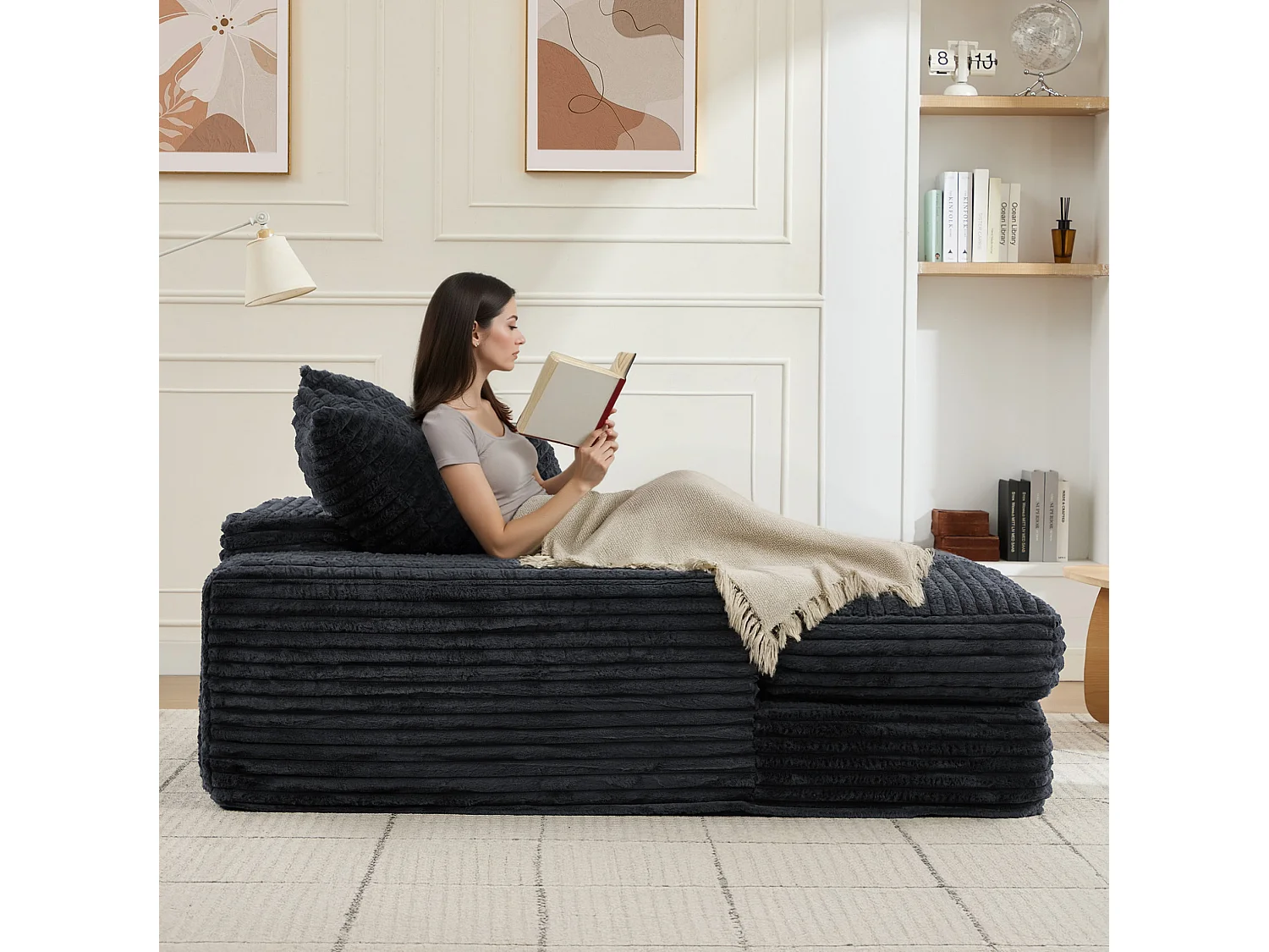 Chaise longue in velluto a coste grigio, 135 x 165 cm, con 4 cuscini, non richiede montaggio