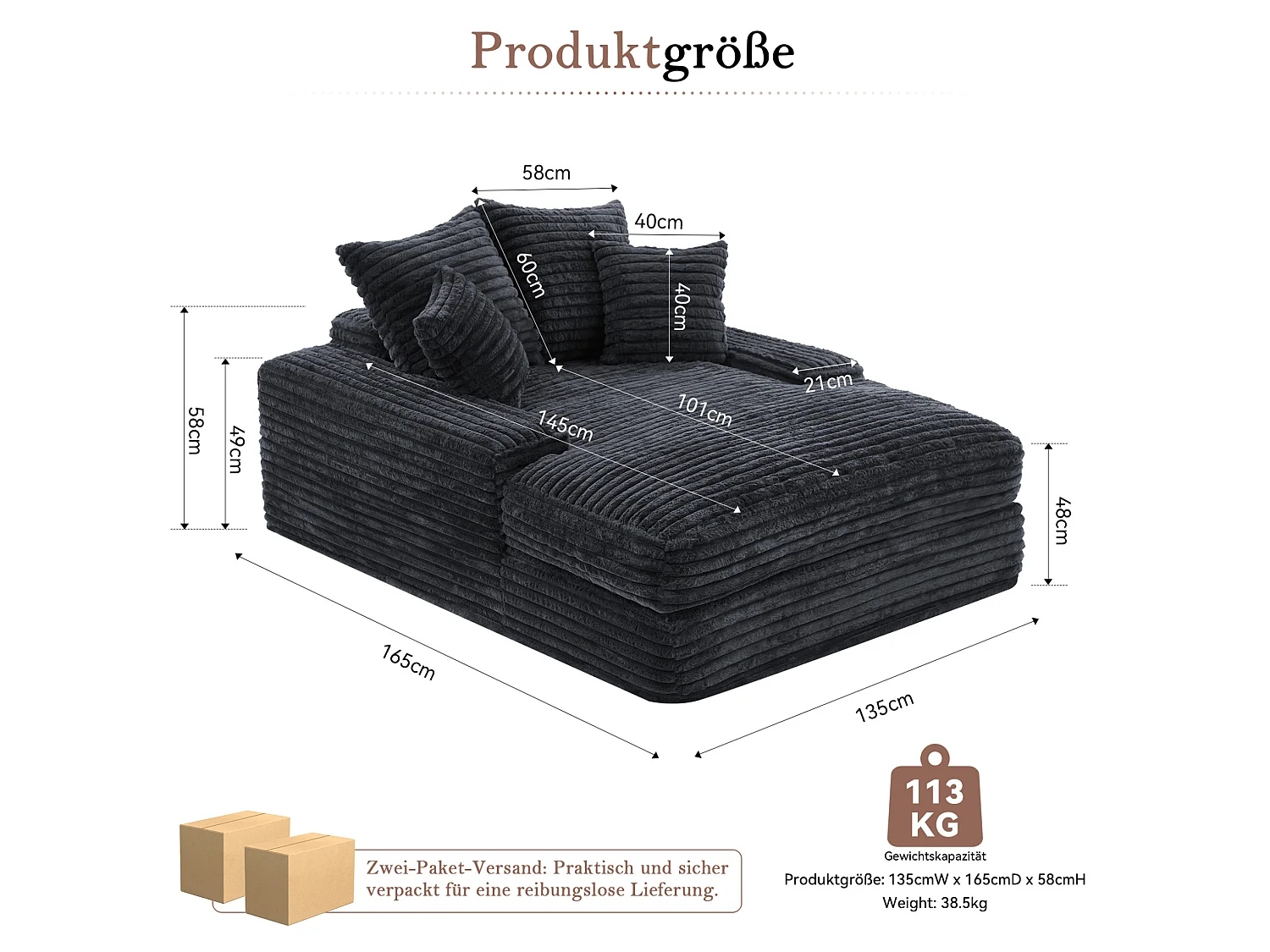 Chaise longue in velluto a coste grigio, 135 x 165 cm, con 4 cuscini, non richiede montaggio