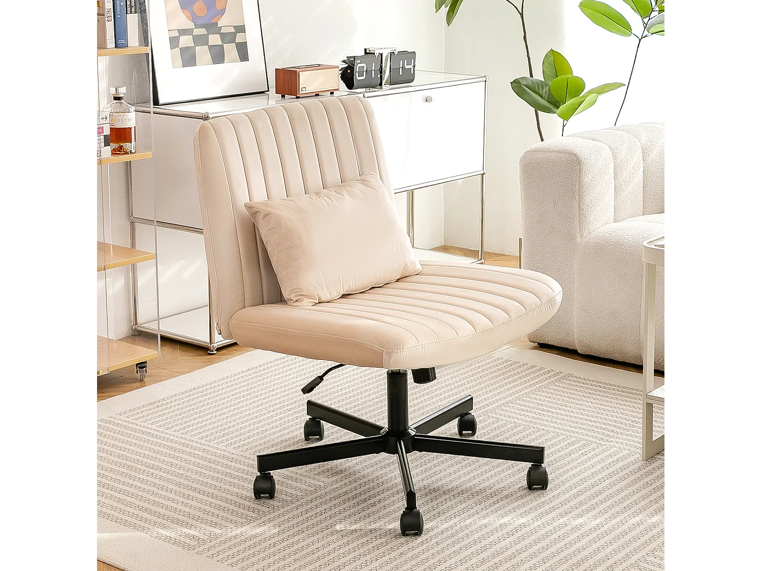 Fauteuil de bureau pivotante réglable avec roulettes silencieuses - Tissu beige