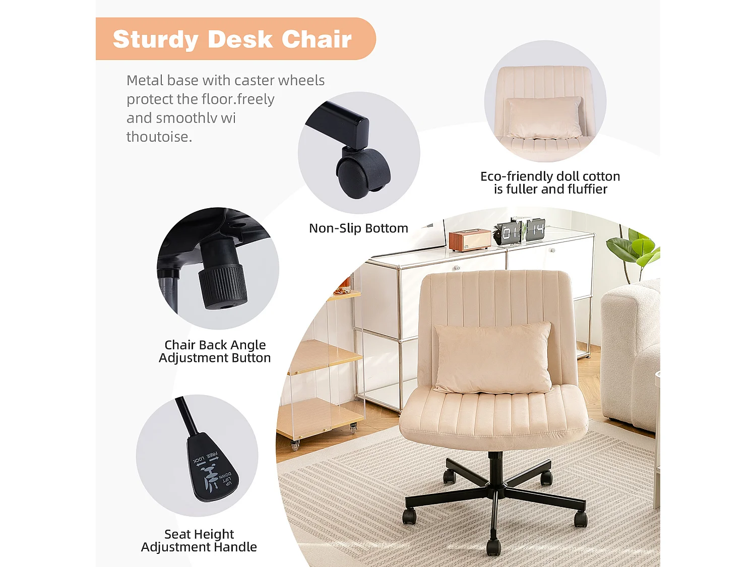 Fauteuil de bureau pivotante réglable avec roulettes silencieuses - Tissu beige