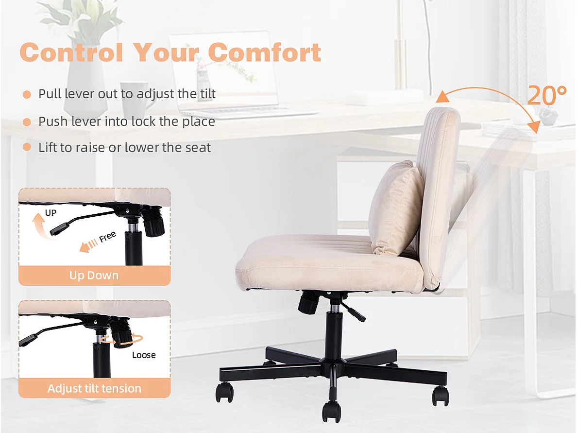 Fauteuil de bureau pivotante réglable avec roulettes silencieuses - Tissu beige