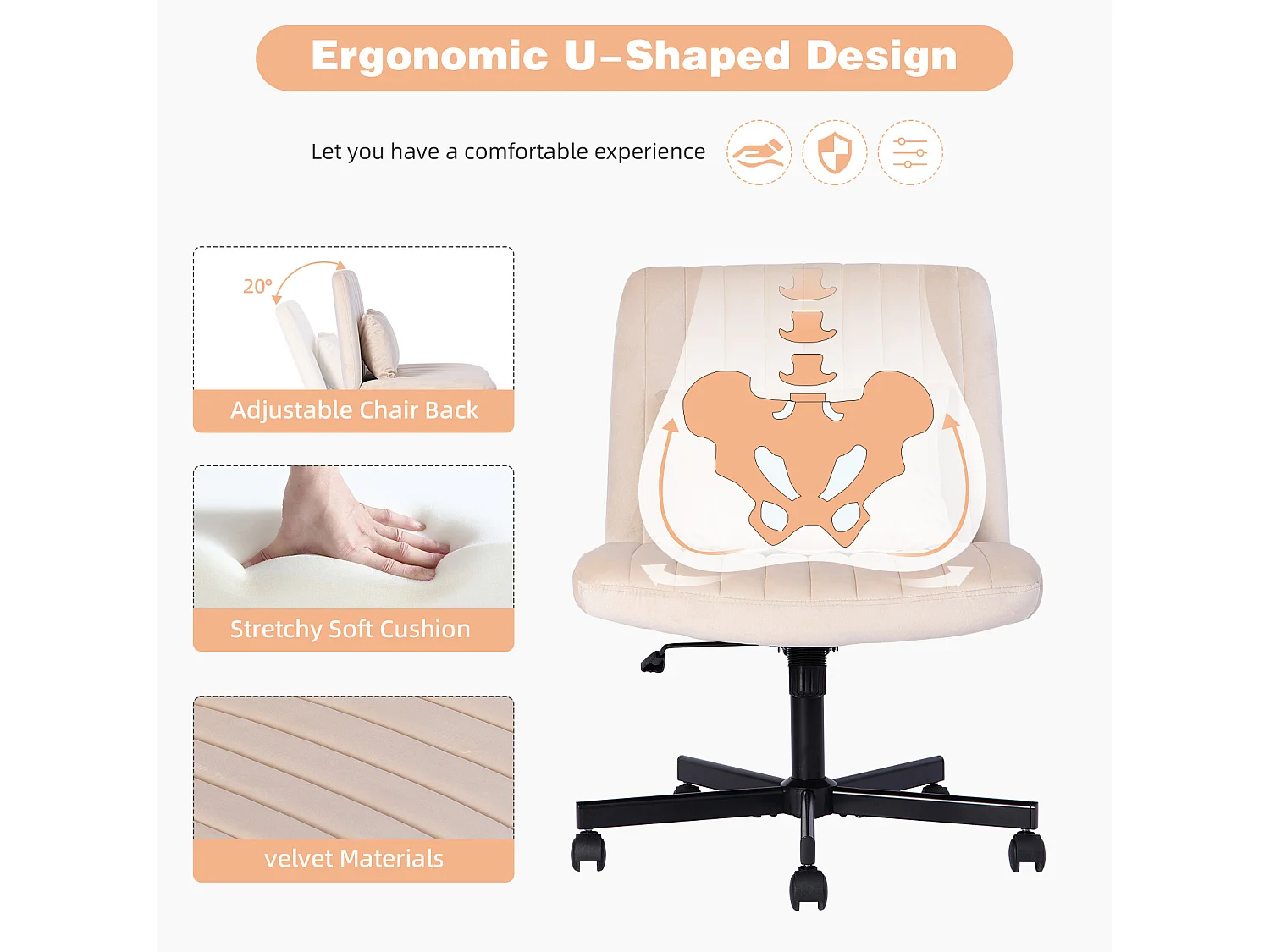 Fauteuil de bureau pivotante réglable avec roulettes silencieuses - Tissu beige