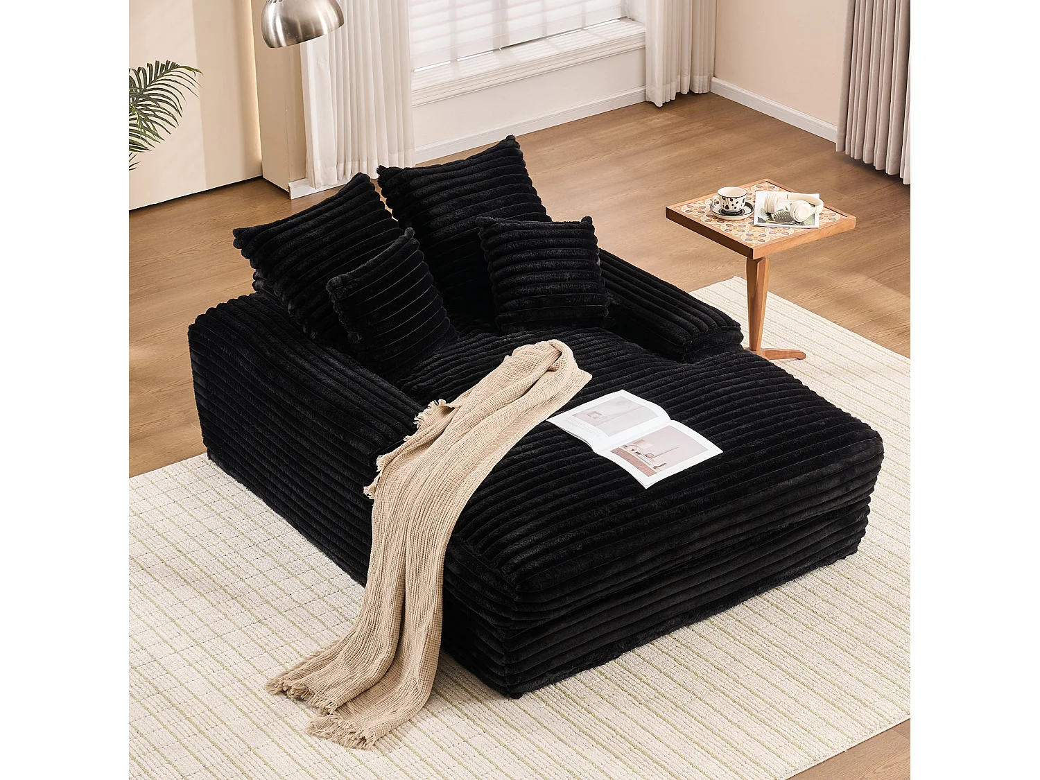 Chaise longue in velluto a coste nero, 135 x 165 cm, con 4 cuscini, non richiede montaggio