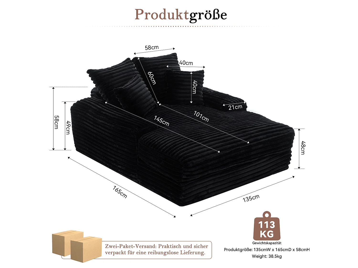 Chaise longue in velluto a coste nero, 135 x 165 cm, con 4 cuscini, non richiede montaggio