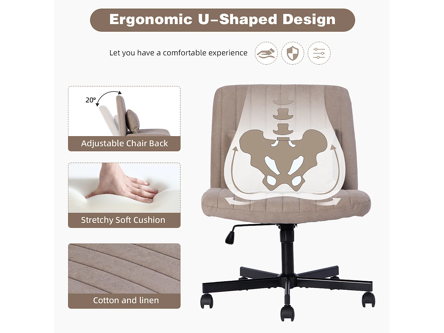 Fauteuil de bureau pivotante réglable avec roulettes silencieuses - Tissu kaki