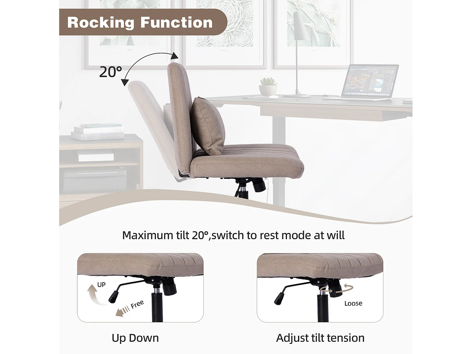 Fauteuil de bureau pivotante réglable avec roulettes silencieuses - Tissu kaki