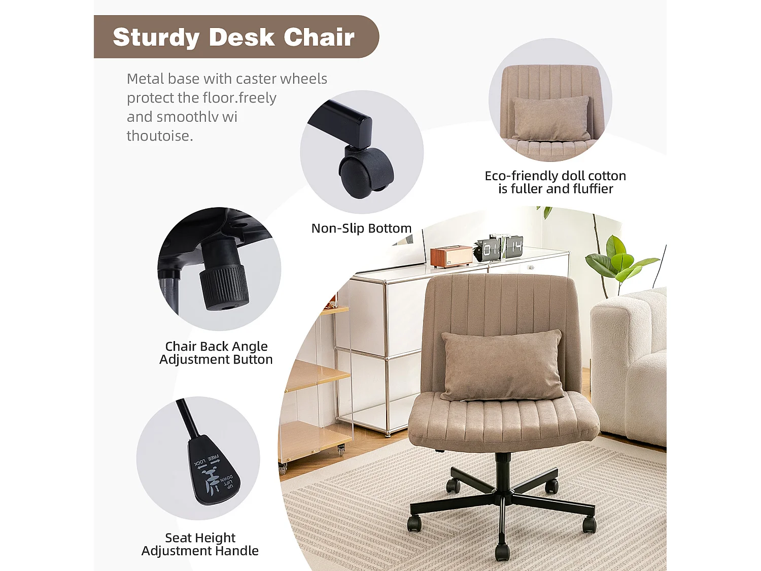Fauteuil de bureau pivotante réglable avec roulettes silencieuses - Tissu kaki