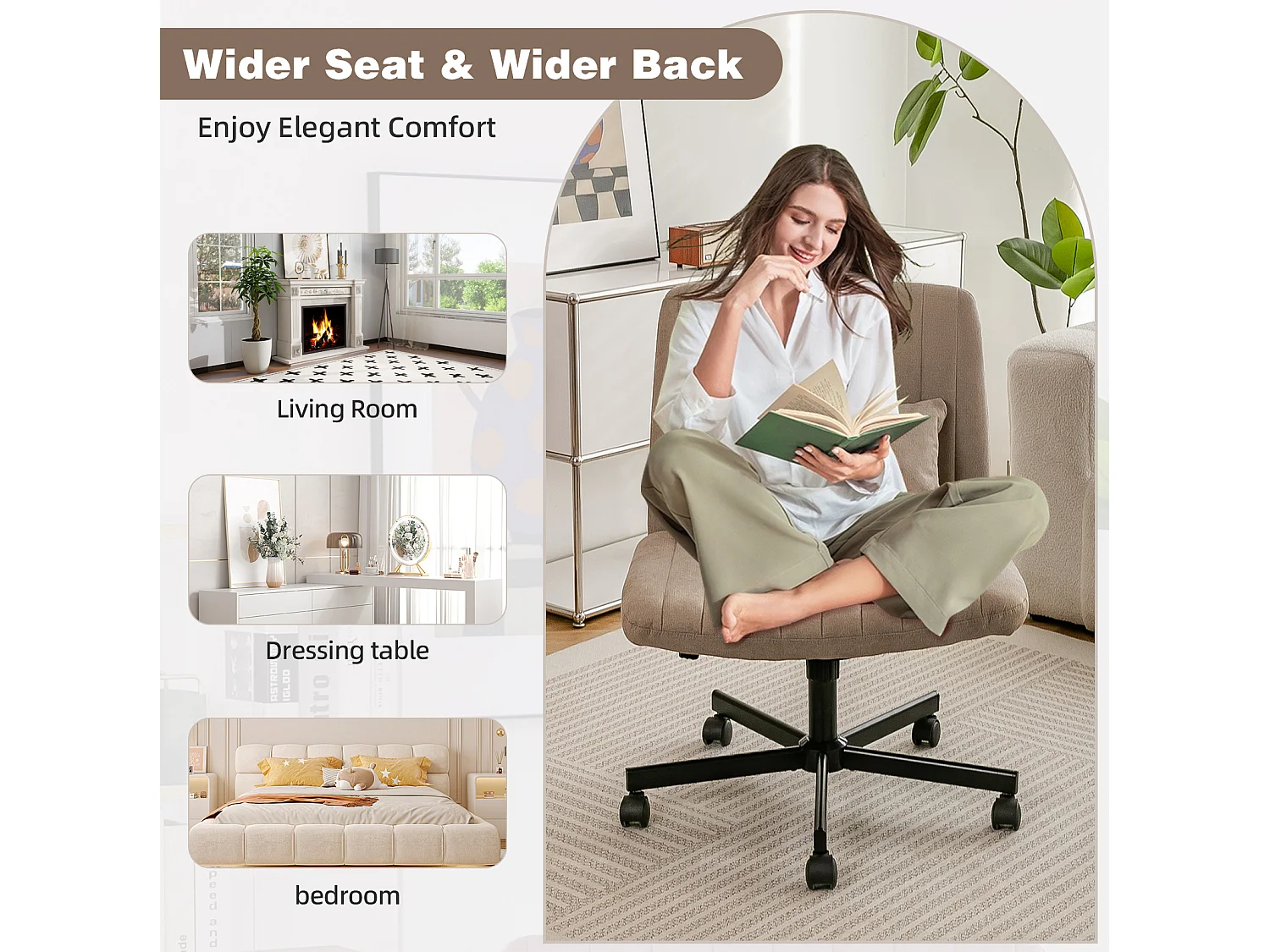 Fauteuil de bureau pivotante réglable avec roulettes silencieuses - Tissu kaki