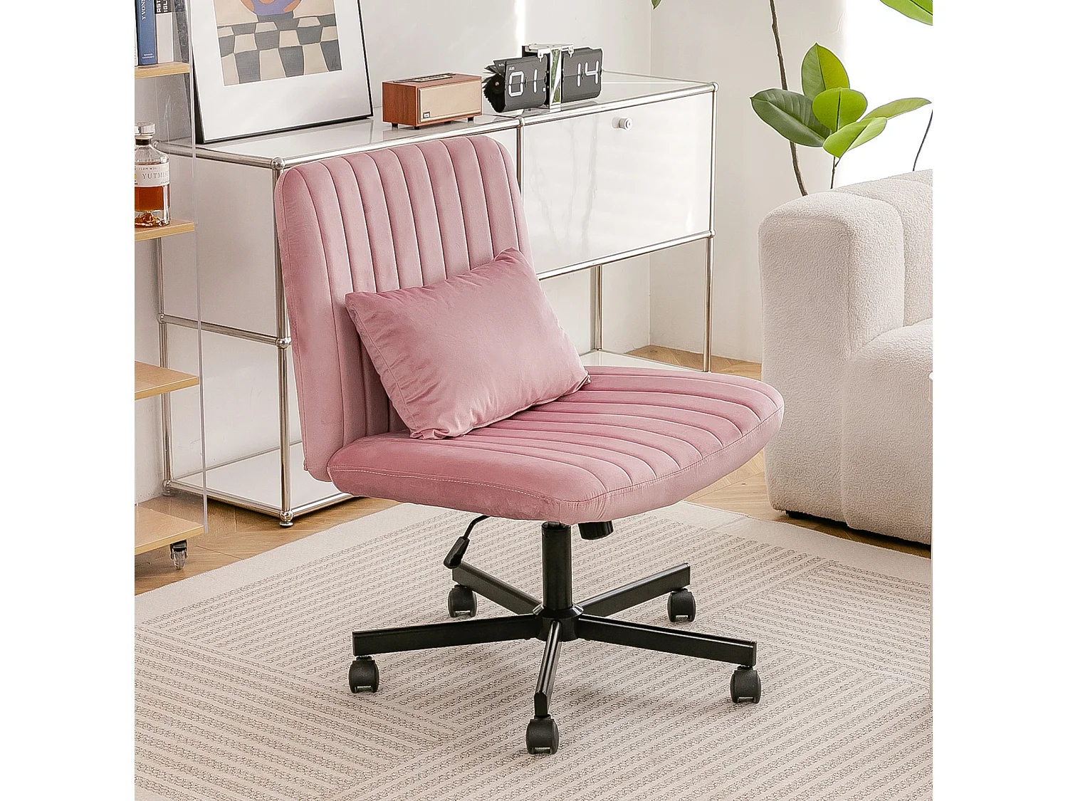Fauteuil de bureau pivotante réglable avec roulettes silencieuses - Tissu rose