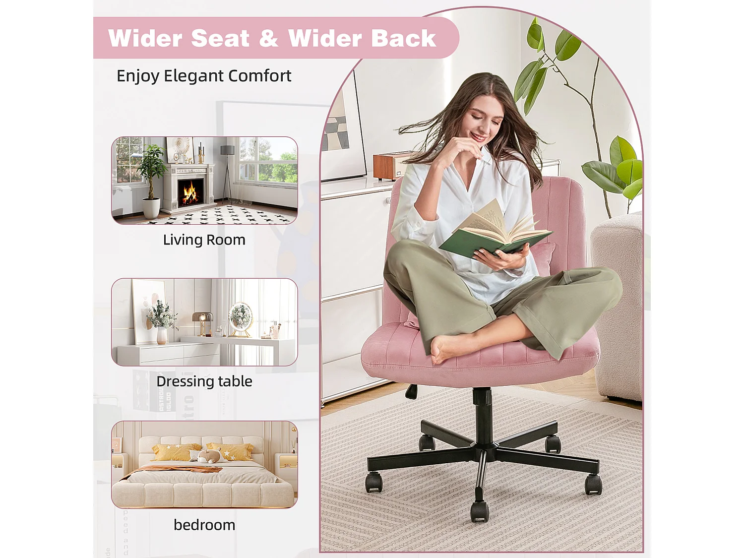 Fauteuil de bureau pivotante réglable avec roulettes silencieuses - Tissu rose