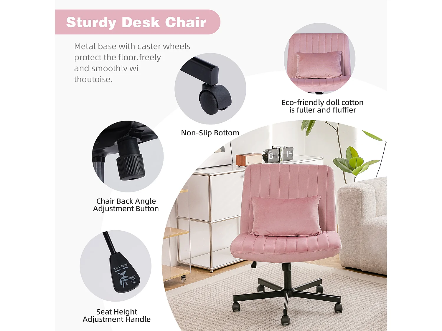Fauteuil de bureau pivotante réglable avec roulettes silencieuses - Tissu rose