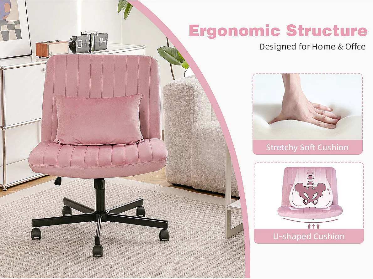 Fauteuil de bureau pivotante réglable avec roulettes silencieuses - Tissu rose