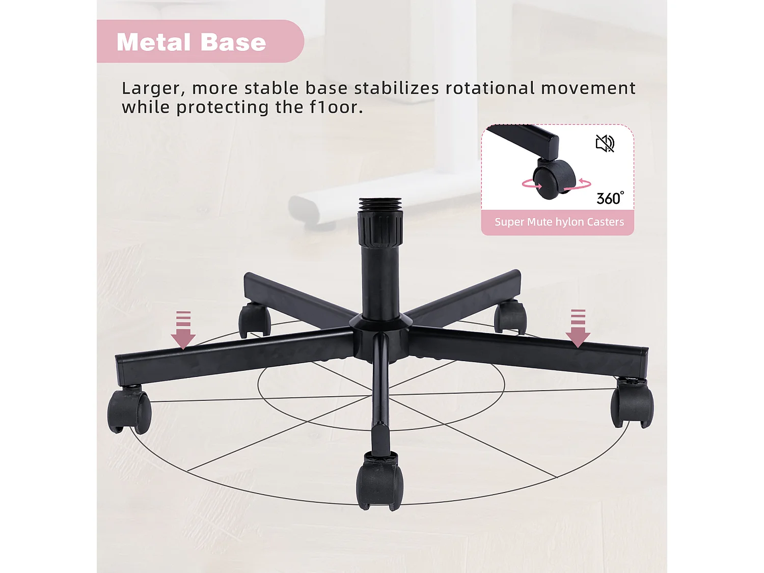 Fauteuil de bureau pivotante réglable avec roulettes silencieuses - Tissu rose