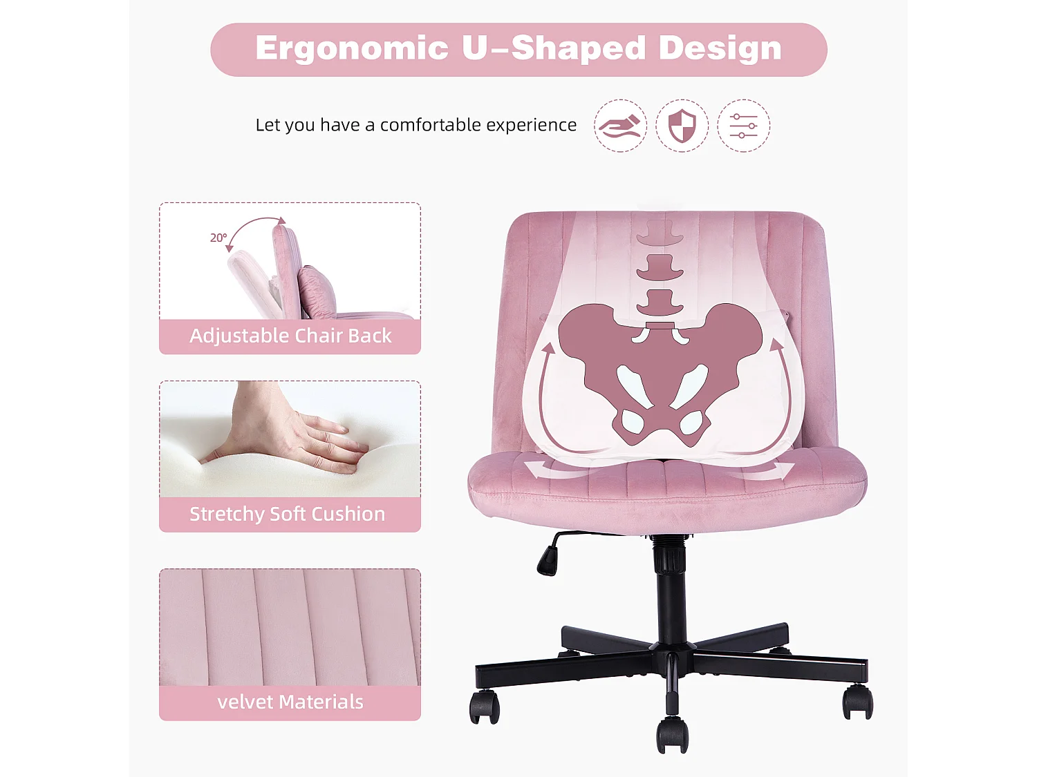 Fauteuil de bureau pivotante réglable avec roulettes silencieuses - Tissu rose