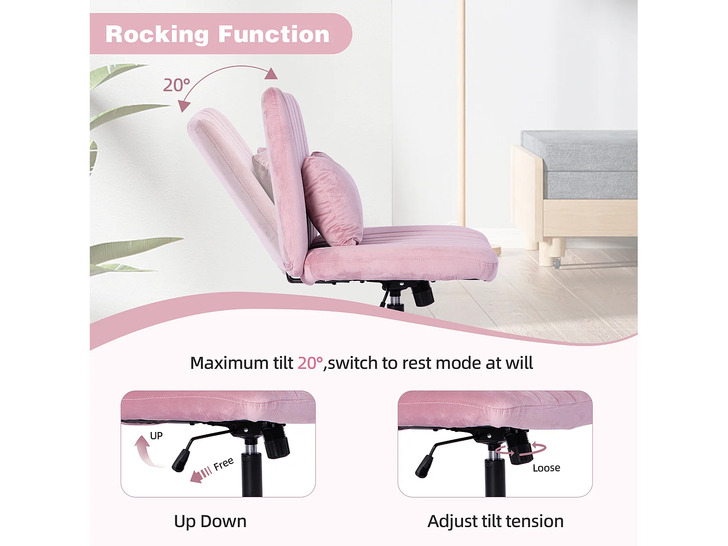 Fauteuil de bureau pivotante réglable avec roulettes silencieuses - Tissu rose
