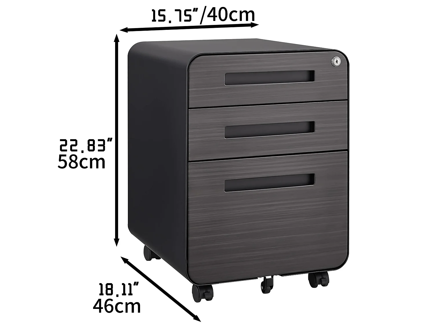 Mobile schedario nero con 3 cassetti e 5 ruote, 40 x 46 x 58 cm