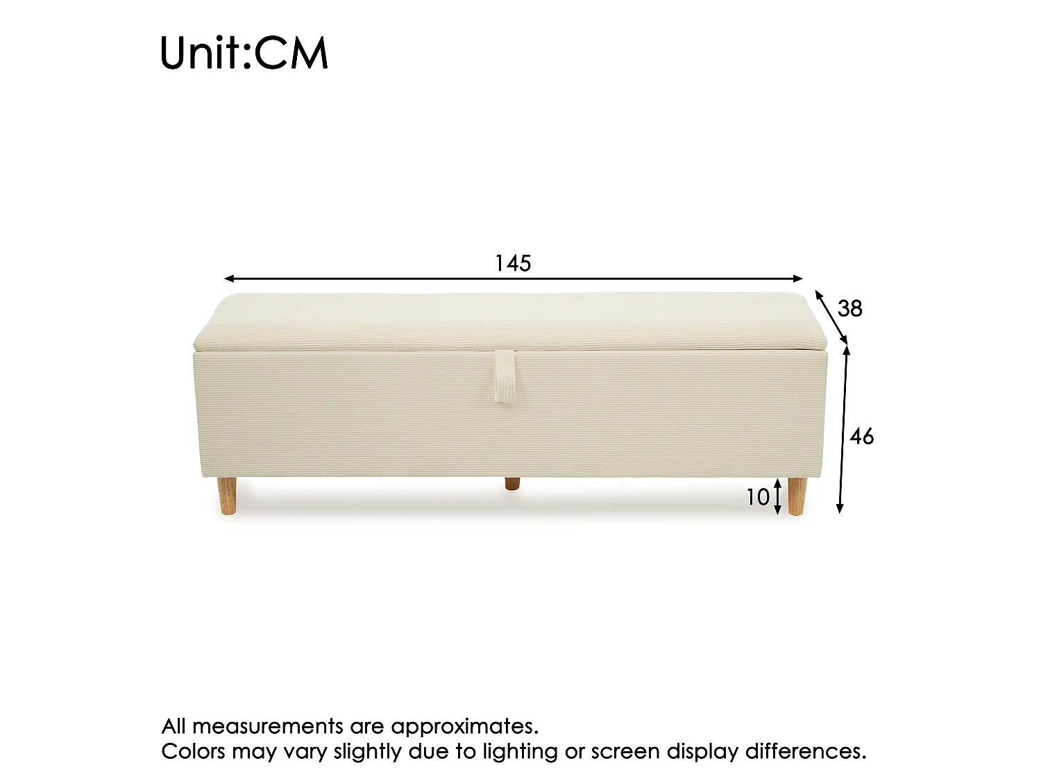 Banc de lit coffre 145 x 38x 46 cm avec rangement hydraulique pour chambre salon et entrée velours côtelé beige