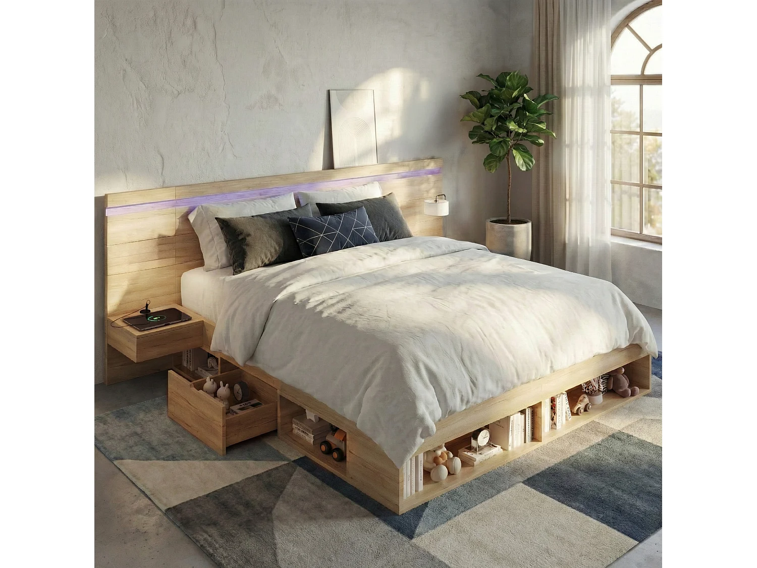 Lit coffre bois 180x200cm avec LED et Port USB - Type-C, 2 Tables de chevet et tiroirs de rangement inclus, Design Naturel et Gain de place - Chêne