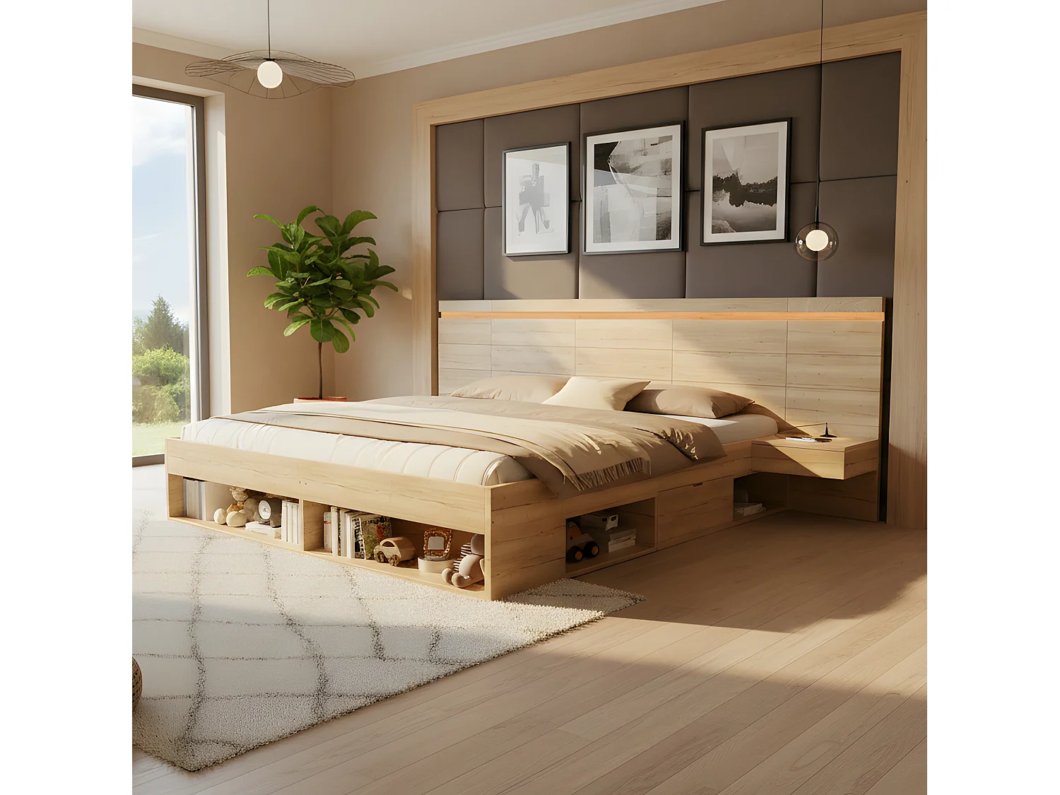 Lit coffre bois 180x200cm avec LED et Port USB - Type-C, 2 Tables de chevet et tiroirs de rangement inclus, Design Naturel et Gain de place - Chêne