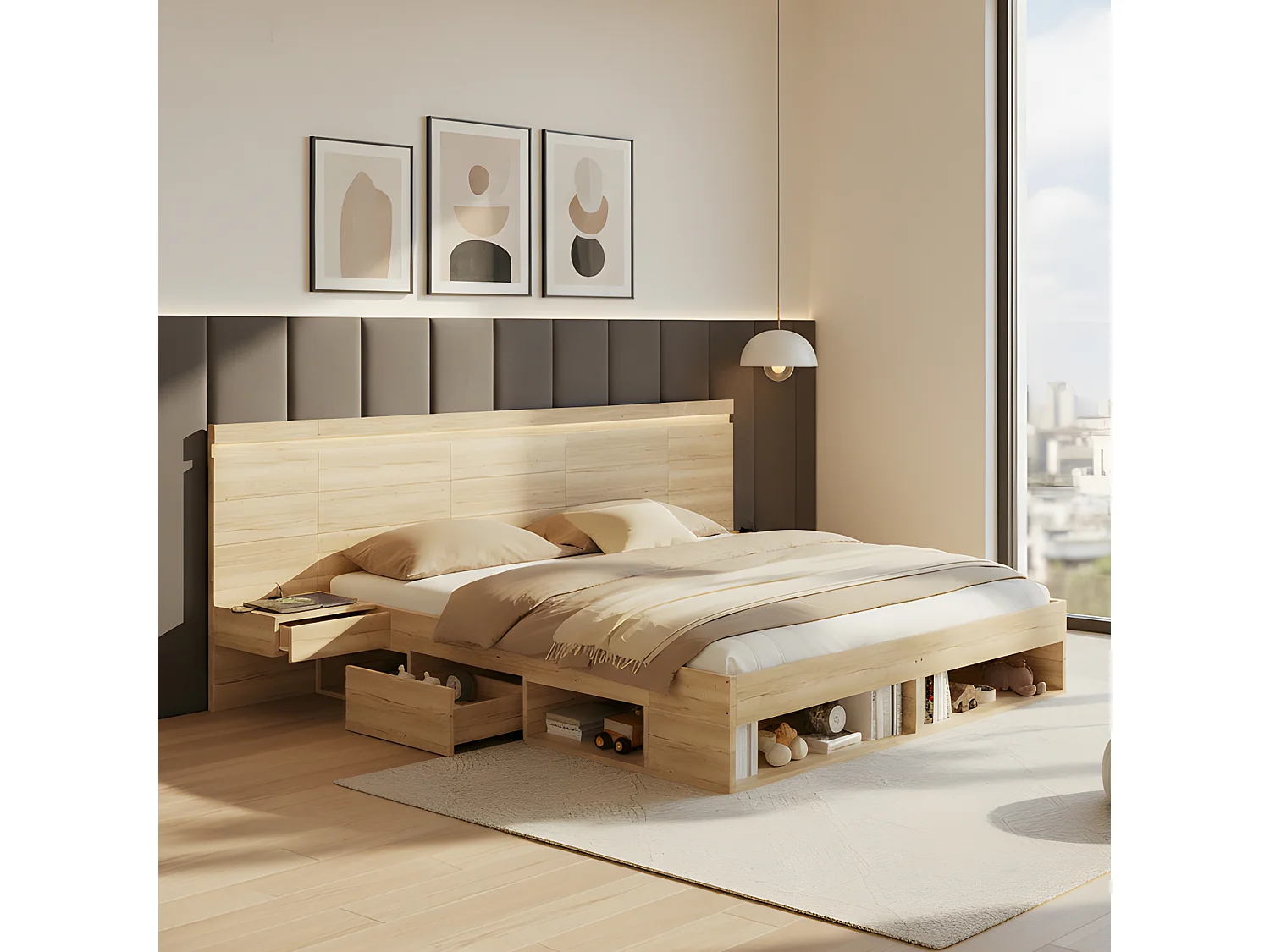 Lit coffre bois 180x200cm avec LED et Port USB - Type-C, 2 Tables de chevet et tiroirs de rangement inclus, Design Naturel et Gain de place - Chêne