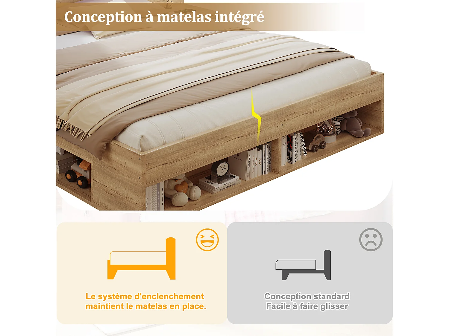 Lit coffre bois 180x200cm avec LED et Port USB - Type-C, 2 Tables de chevet et tiroirs de rangement inclus, Design Naturel et Gain de place - Chêne