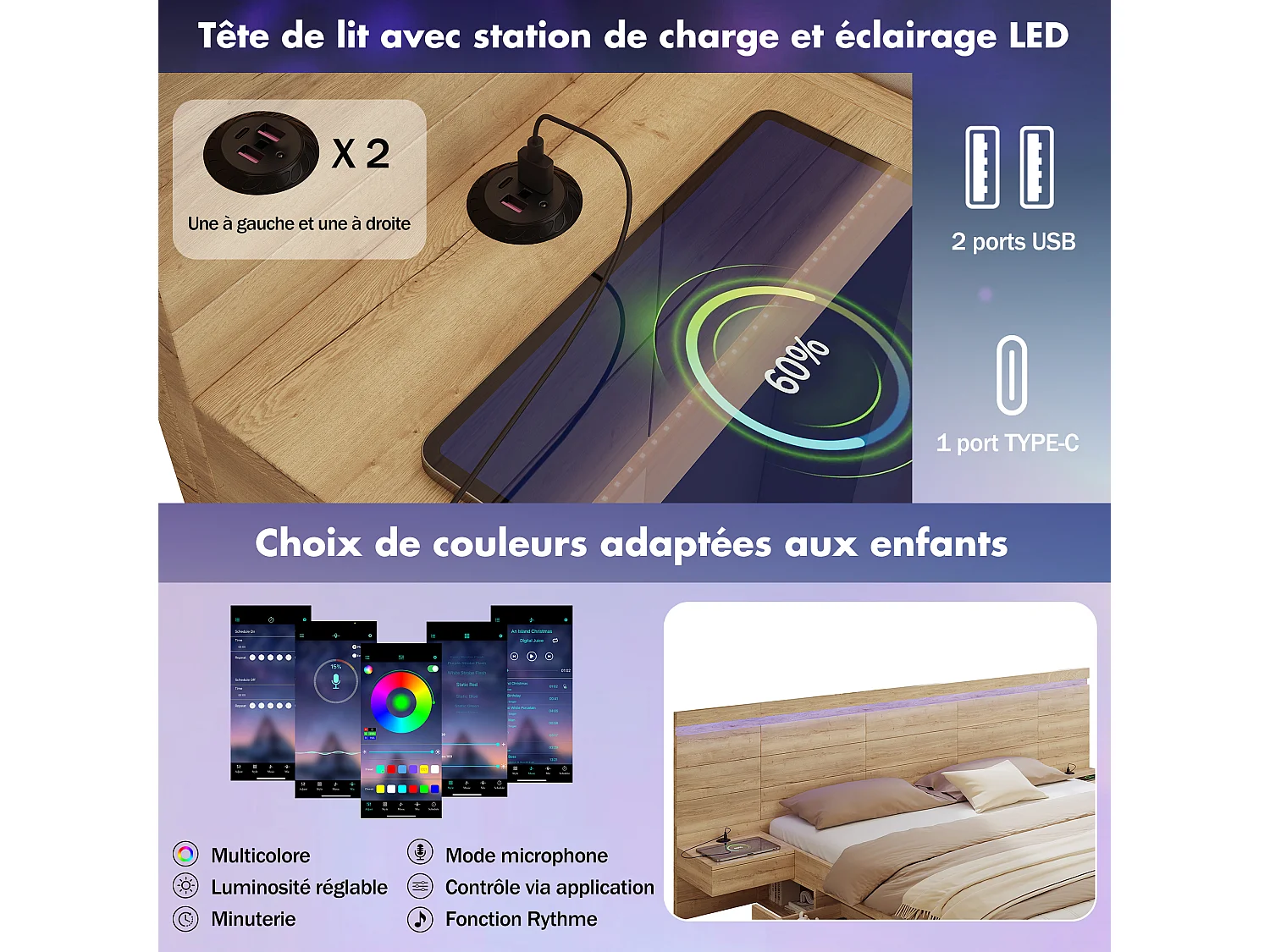 Lit coffre bois 180x200cm avec LED et Port USB - Type-C, 2 Tables de chevet et tiroirs de rangement inclus, Design Naturel et Gain de place - Chêne