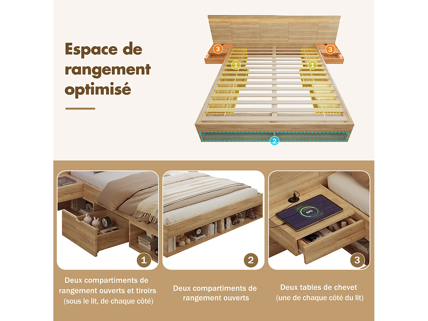 Lit coffre bois 180x200cm avec LED et Port USB - Type-C, 2 Tables de chevet et tiroirs de rangement inclus, Design Naturel et Gain de place - Chêne