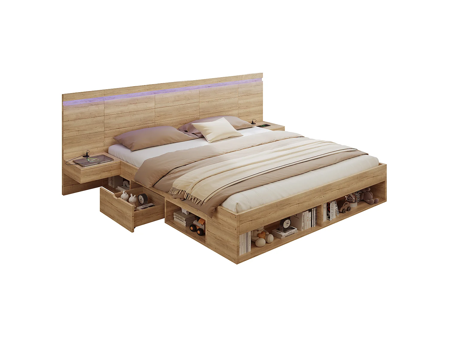 Lit coffre bois 180x200cm avec LED et Port USB - Type-C, 2 Tables de chevet et tiroirs de rangement inclus, Design Naturel et Gain de place - Chêne